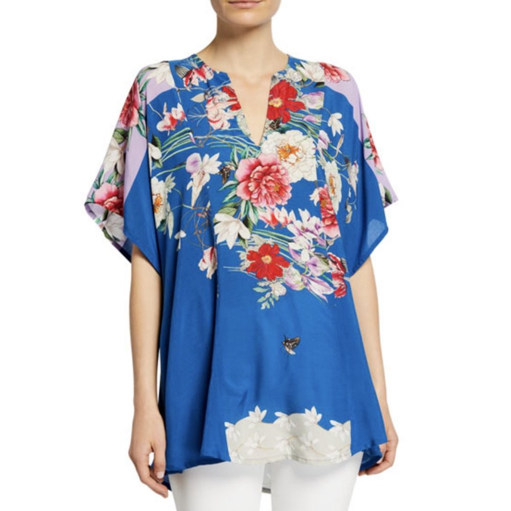 NWT JOHNNY WAS Scarf Print SAMIRA CHALLIS PONCHO Floral V NECK Tunic Top S $215